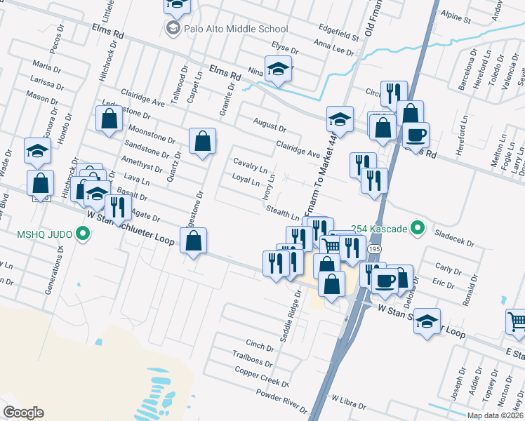 map of restaurants, bars, coffee shops, grocery stores, and more near 1200 Vanguard Lane in Killeen