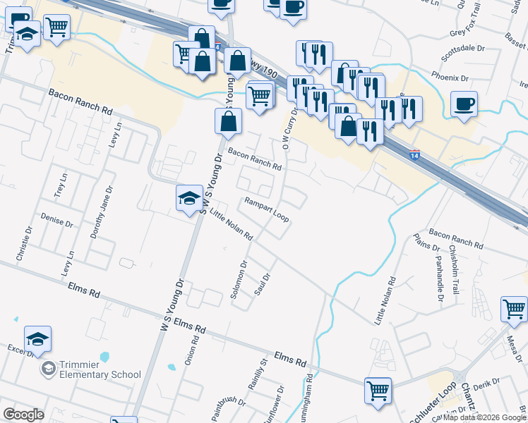 map of restaurants, bars, coffee shops, grocery stores, and more near 2612 Rampart Loop in Killeen