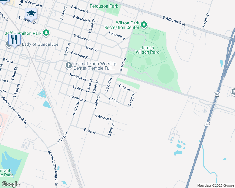 map of restaurants, bars, coffee shops, grocery stores, and more near 806 South 36th Street in Temple