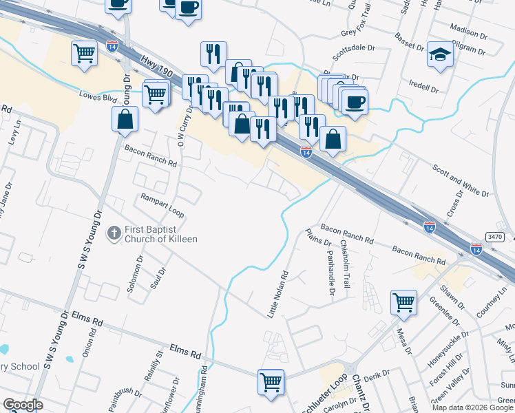 map of restaurants, bars, coffee shops, grocery stores, and more near 2710 Cunningham Rd in Killeen