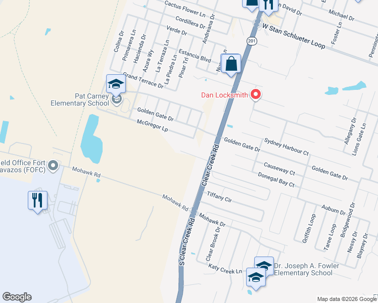 map of restaurants, bars, coffee shops, grocery stores, and more near 5803 Clear Creek Road in Killeen