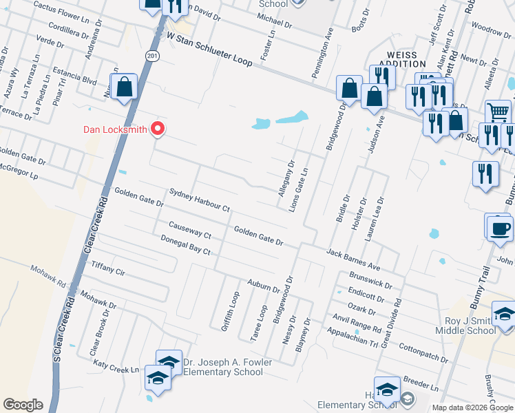 map of restaurants, bars, coffee shops, grocery stores, and more near 5602 Lions Gate Lane in Killeen
