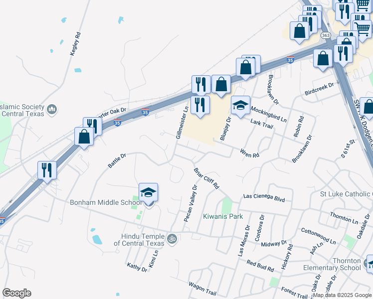 map of restaurants, bars, coffee shops, grocery stores, and more near 4421 Briarwood Drive in Temple