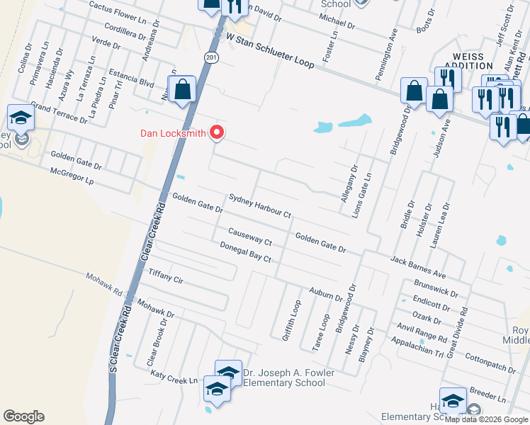 map of restaurants, bars, coffee shops, grocery stores, and more near 4907 Sydney Harbour Court in Killeen