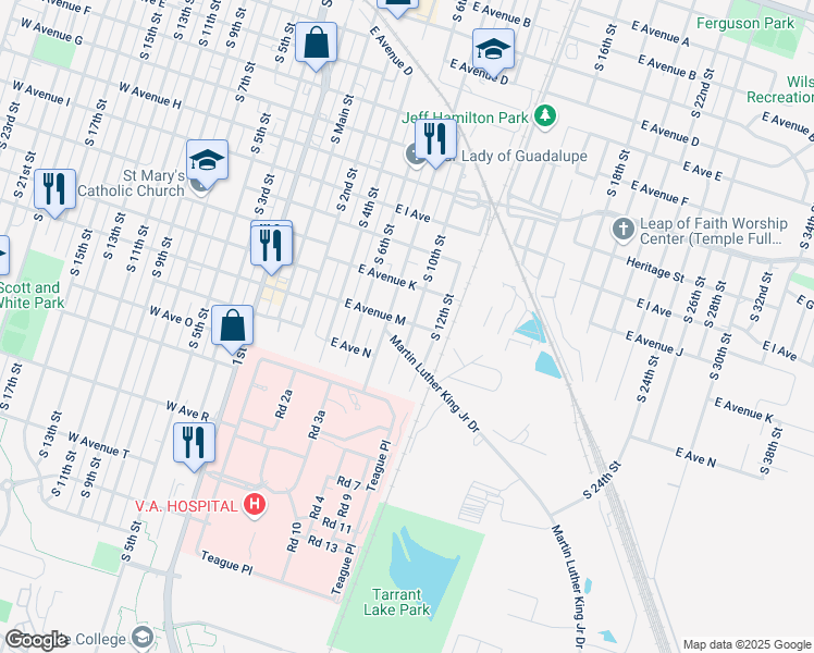 map of restaurants, bars, coffee shops, grocery stores, and more near 1202 South 10th Street in Temple