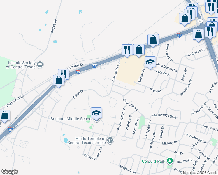 map of restaurants, bars, coffee shops, grocery stores, and more near 2801 Arrowhead Circle in Temple