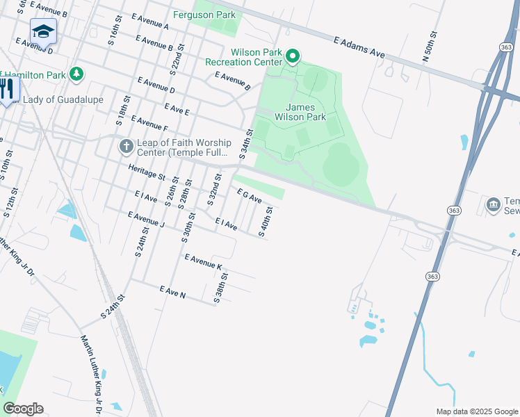 map of restaurants, bars, coffee shops, grocery stores, and more near 801 South 38th Street in Temple