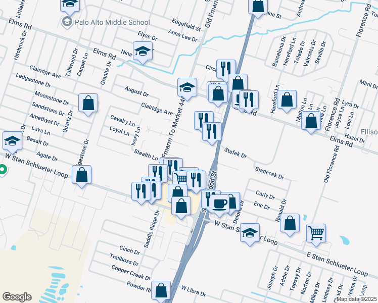 map of restaurants, bars, coffee shops, grocery stores, and more near 1102 Leslie Circle in Killeen