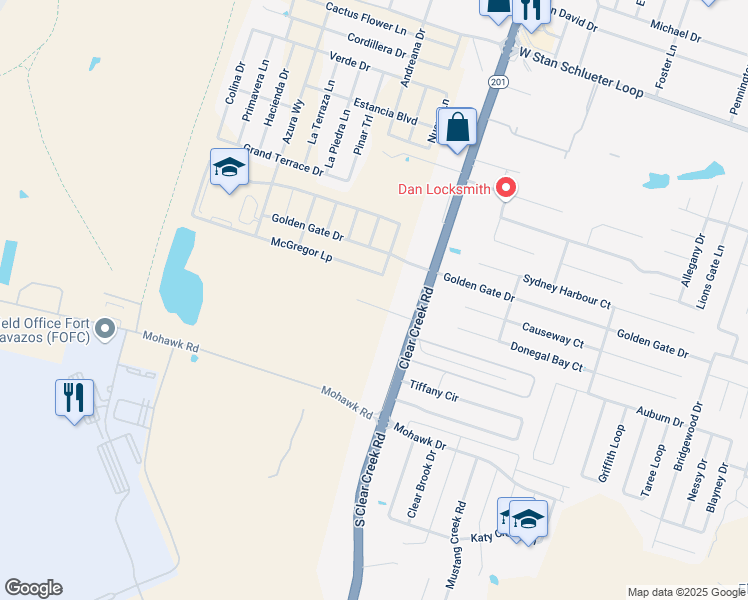 map of restaurants, bars, coffee shops, grocery stores, and more near 5803 Clear Creek Road in Killeen