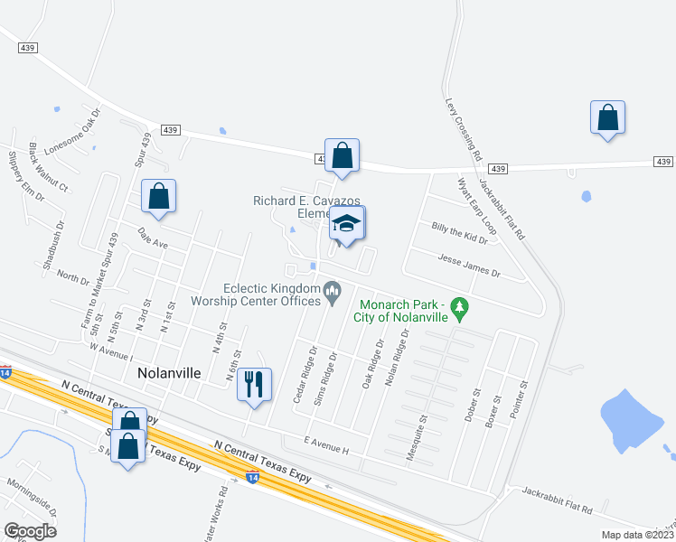 map of restaurants, bars, coffee shops, grocery stores, and more near 368 Nolan Ridge Drive in Nolanville