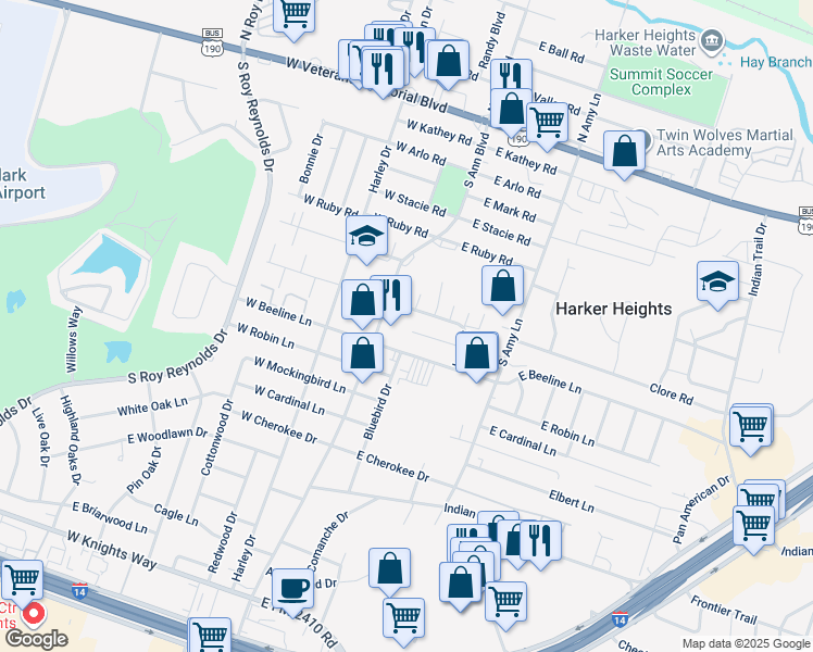 map of restaurants, bars, coffee shops, grocery stores, and more near 101 Bybee Court in Harker Heights