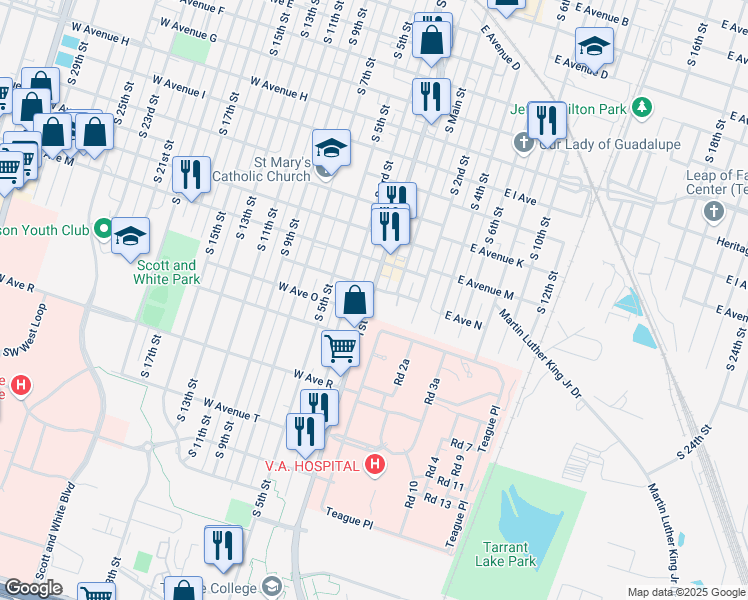 map of restaurants, bars, coffee shops, grocery stores, and more near 1401 S 1st St in Temple