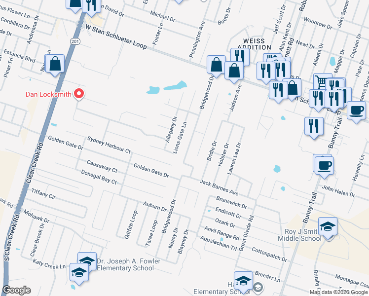 map of restaurants, bars, coffee shops, grocery stores, and more near 5307 Bridgewood Drive in Killeen