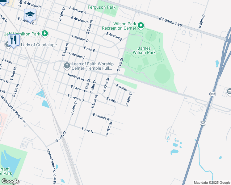 map of restaurants, bars, coffee shops, grocery stores, and more near 804 South 36th Street in Temple