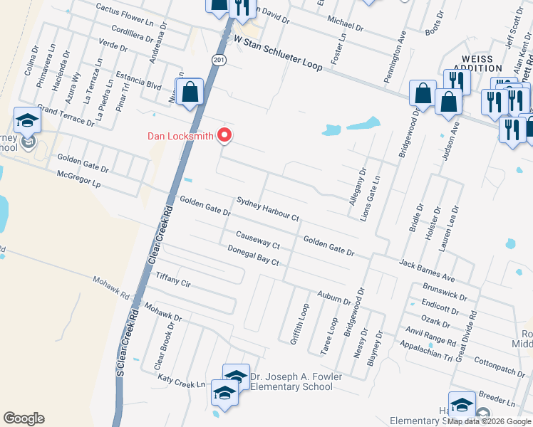 map of restaurants, bars, coffee shops, grocery stores, and more near 5100 Sydney Harbour Court in Killeen