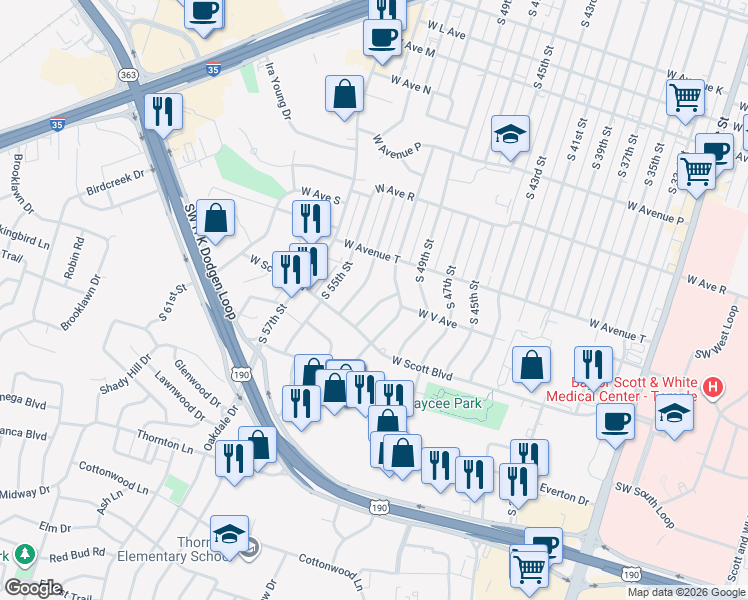 map of restaurants, bars, coffee shops, grocery stores, and more near 2114 South 51st Terrace Street in Temple