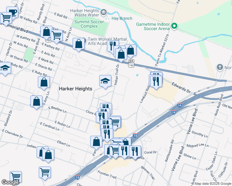 map of restaurants, bars, coffee shops, grocery stores, and more near 329 Indian Trail in Harker Heights