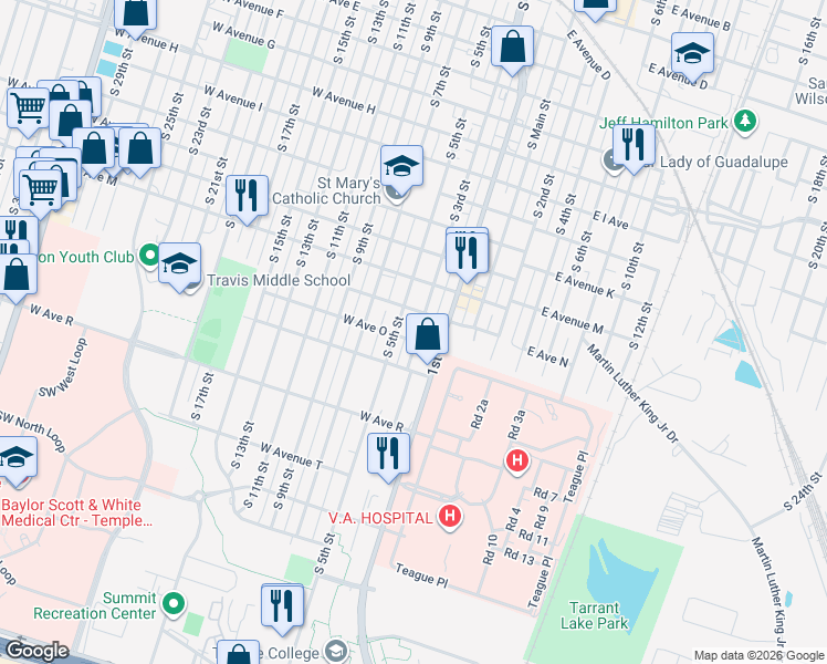map of restaurants, bars, coffee shops, grocery stores, and more near 1416 South 3rd Street in Temple