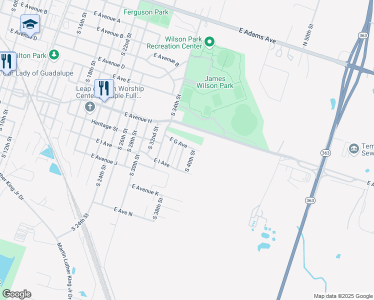 map of restaurants, bars, coffee shops, grocery stores, and more near 801 S 38th St in Temple