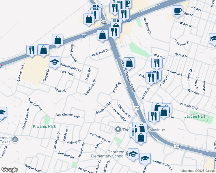 map of restaurants, bars, coffee shops, grocery stores, and more near 3420 Northwood Road in Temple