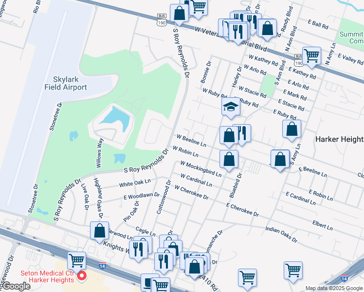 map of restaurants, bars, coffee shops, grocery stores, and more near 223 East Robin Lane in Harker Heights