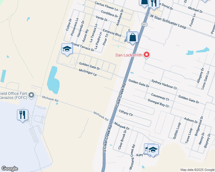 map of restaurants, bars, coffee shops, grocery stores, and more near 5803 Clear Creek Road in Killeen