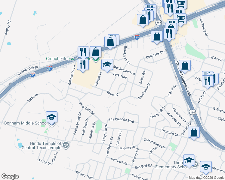 map of restaurants, bars, coffee shops, grocery stores, and more near 2606 Quail Trail in Temple