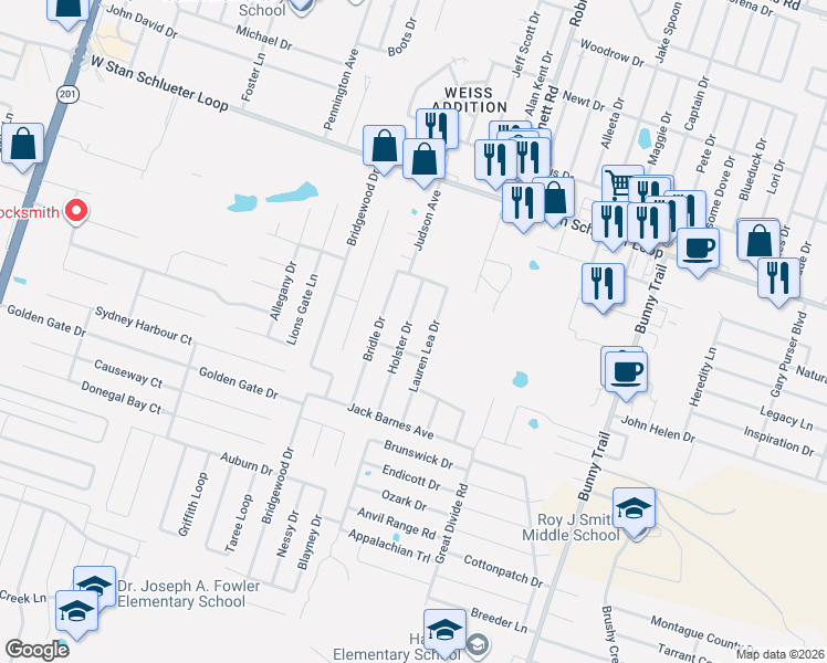 map of restaurants, bars, coffee shops, grocery stores, and more near 5209 Holster Drive in Killeen