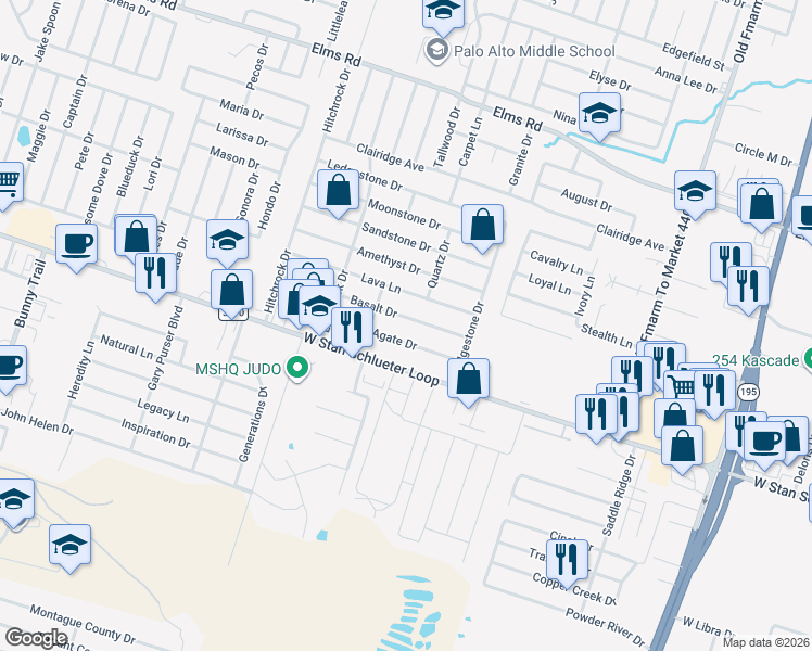 map of restaurants, bars, coffee shops, grocery stores, and more near 1908 Basalt Drive in Killeen