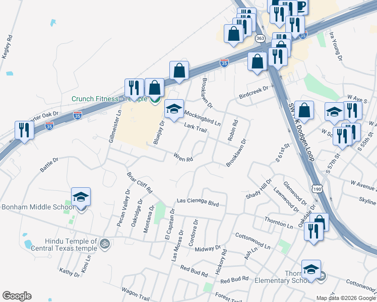 map of restaurants, bars, coffee shops, grocery stores, and more near 2606 Quail Trail in Temple