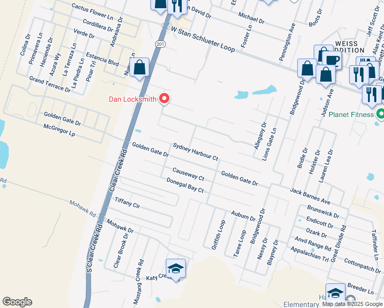 map of restaurants, bars, coffee shops, grocery stores, and more near 5100 Sydney Harbour Court in Killeen