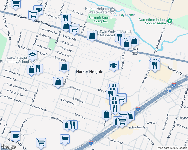 map of restaurants, bars, coffee shops, grocery stores, and more near 707 Jorgette Drive in Harker Heights