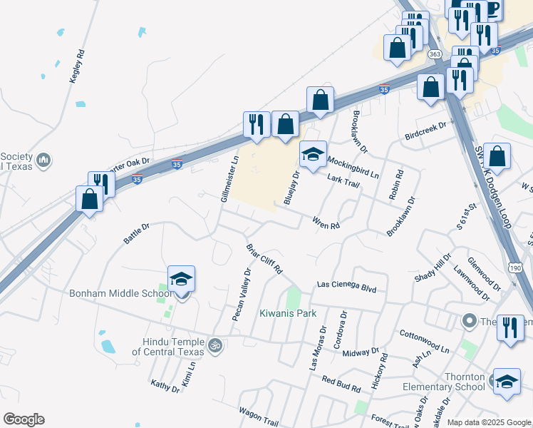 map of restaurants, bars, coffee shops, grocery stores, and more near 4308 Briarwood Drive in Temple