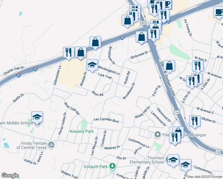 map of restaurants, bars, coffee shops, grocery stores, and more near 2513 Wren Road in Temple