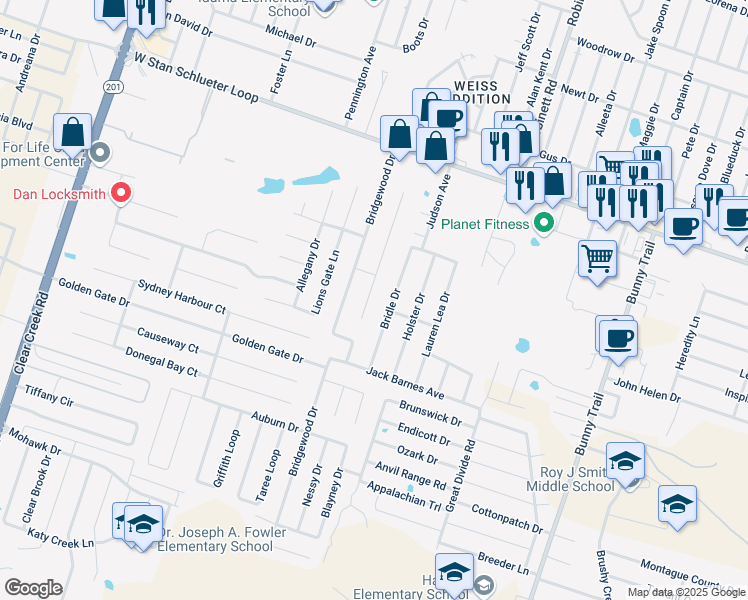 map of restaurants, bars, coffee shops, grocery stores, and more near 5302 Williamette Lane in Killeen
