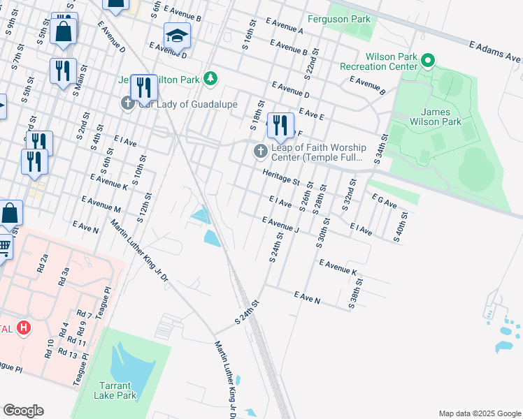 map of restaurants, bars, coffee shops, grocery stores, and more near 909 South Terrace Street in Temple