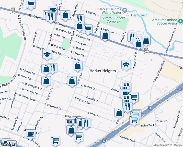 map of restaurants, bars, coffee shops, grocery stores, and more near 417 Brittney Way in Harker Heights