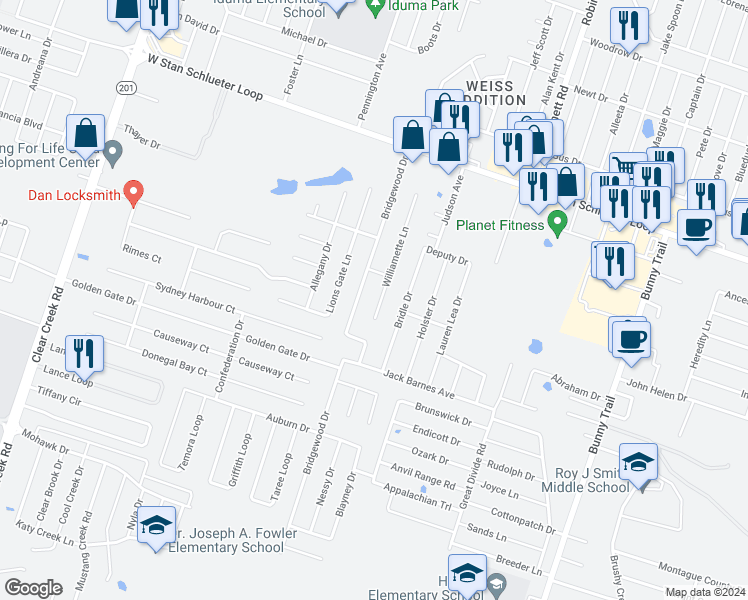 map of restaurants, bars, coffee shops, grocery stores, and more near 5303 Williamette Lane in Killeen