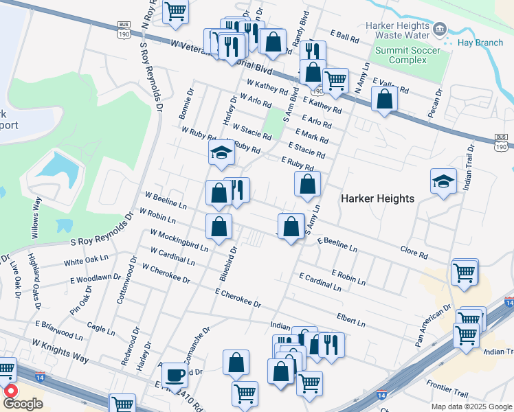 map of restaurants, bars, coffee shops, grocery stores, and more near 101 Bybee Court in Harker Heights