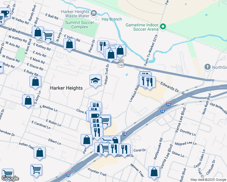 map of restaurants, bars, coffee shops, grocery stores, and more near 325 Indian Trail in Harker Heights
