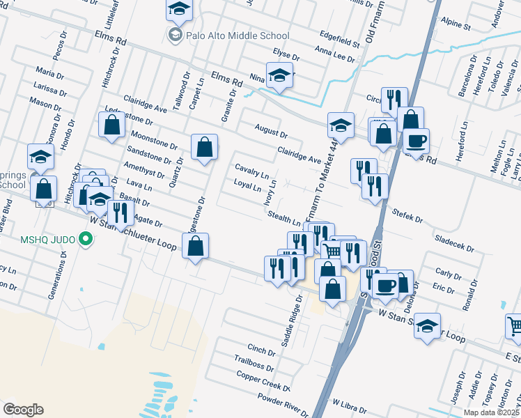 map of restaurants, bars, coffee shops, grocery stores, and more near 1200 Vanguard Lane in Killeen