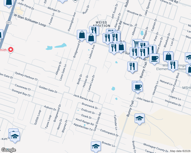 map of restaurants, bars, coffee shops, grocery stores, and more near 5202 Lauren Lea Drive in Killeen
