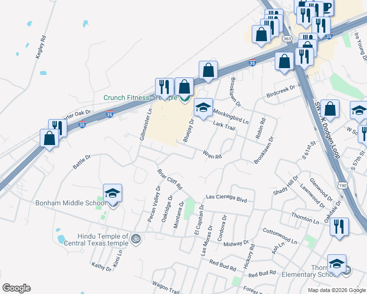 map of restaurants, bars, coffee shops, grocery stores, and more near 4209 Wren Road in Temple