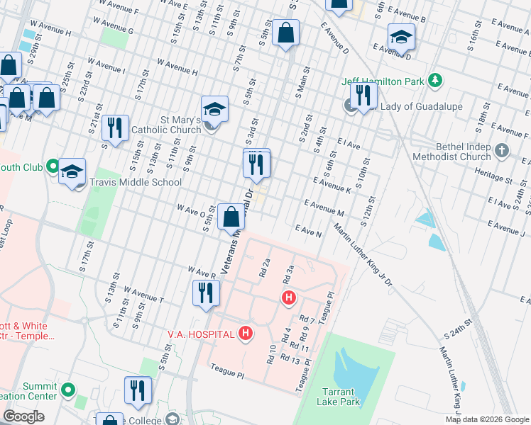 map of restaurants, bars, coffee shops, grocery stores, and more near 1318 South 2nd Street in Temple