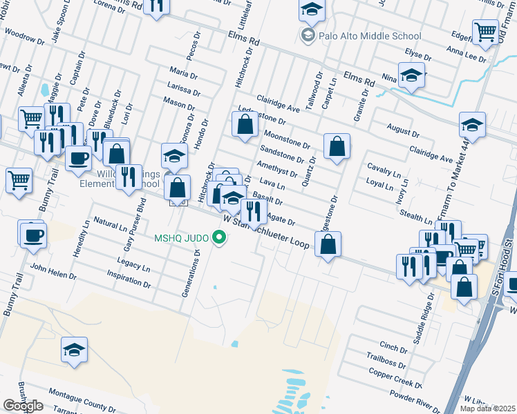 map of restaurants, bars, coffee shops, grocery stores, and more near 2200 Agate Drive in Killeen