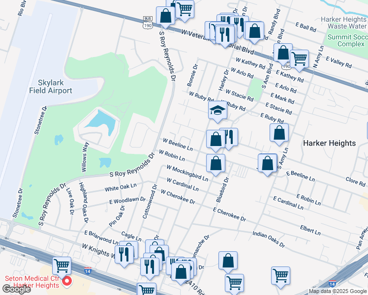 map of restaurants, bars, coffee shops, grocery stores, and more near 212 West Beeline Lane in Harker Heights