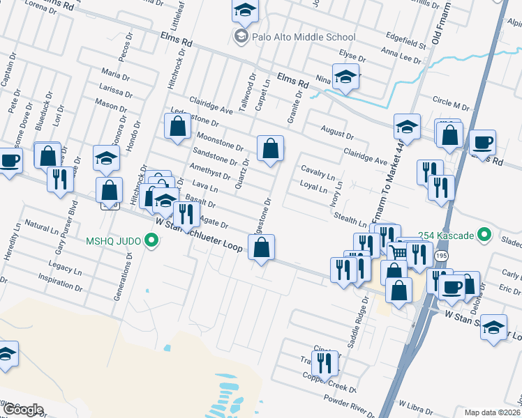 map of restaurants, bars, coffee shops, grocery stores, and more near 1803 Basalt Drive in Killeen