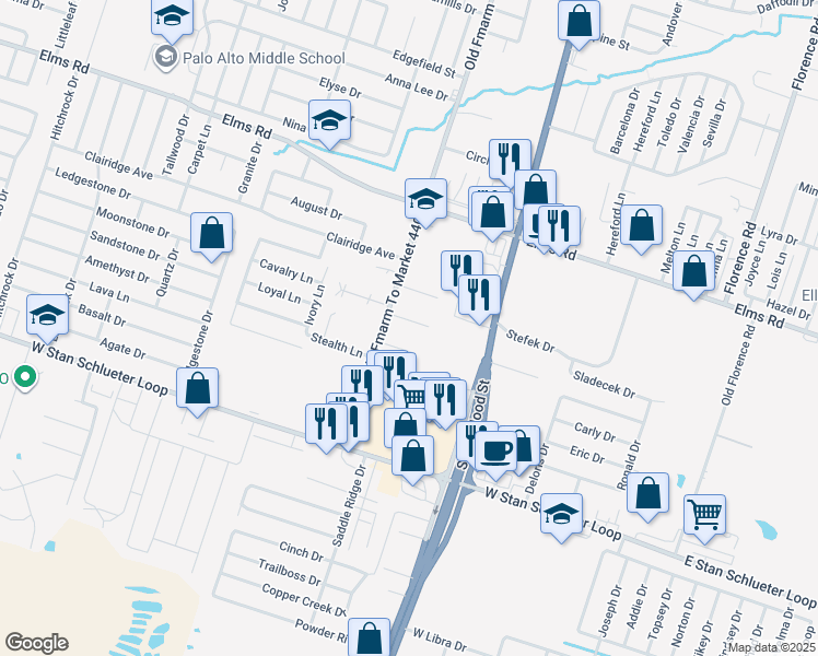 map of restaurants, bars, coffee shops, grocery stores, and more near 1106 Leslie Circle in Killeen
