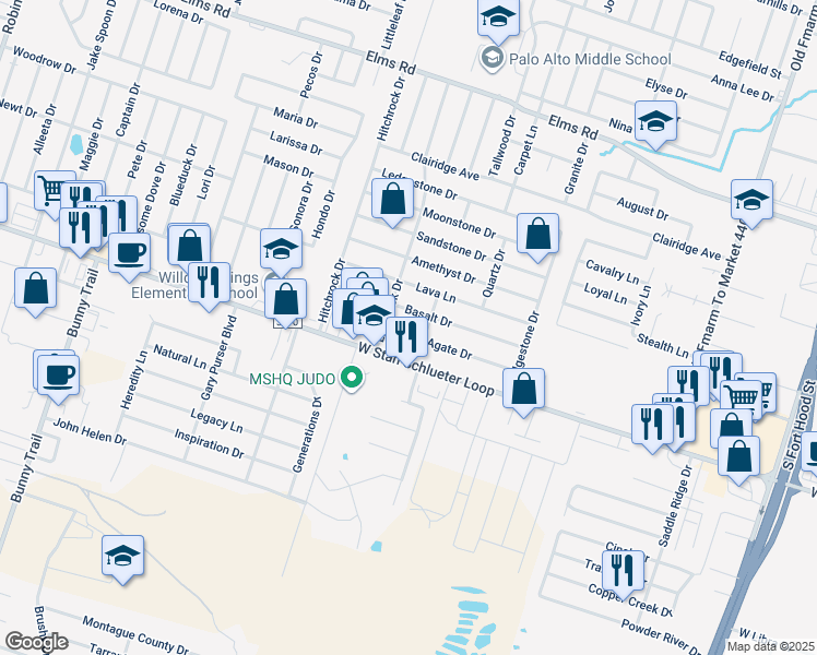 map of restaurants, bars, coffee shops, grocery stores, and more near 2105 Agate Drive in Killeen