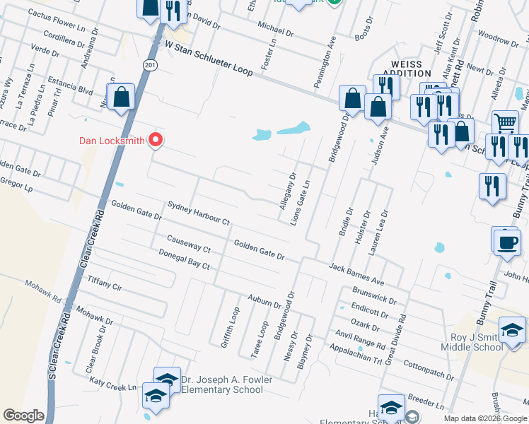 map of restaurants, bars, coffee shops, grocery stores, and more near 5602 Lions Gate Lane in Killeen
